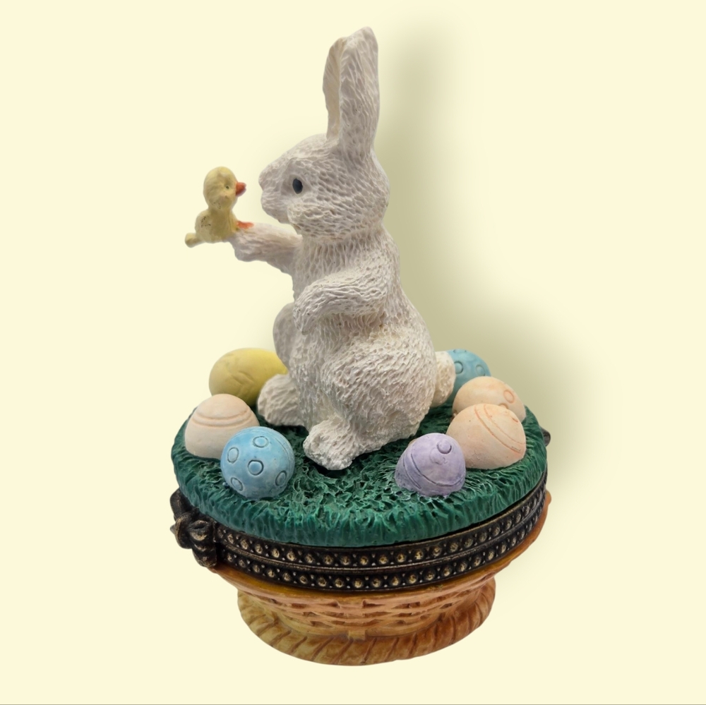 Vintage Easter Bunny Trinket Box with Eggs Chick Bird Resin Hinged Box